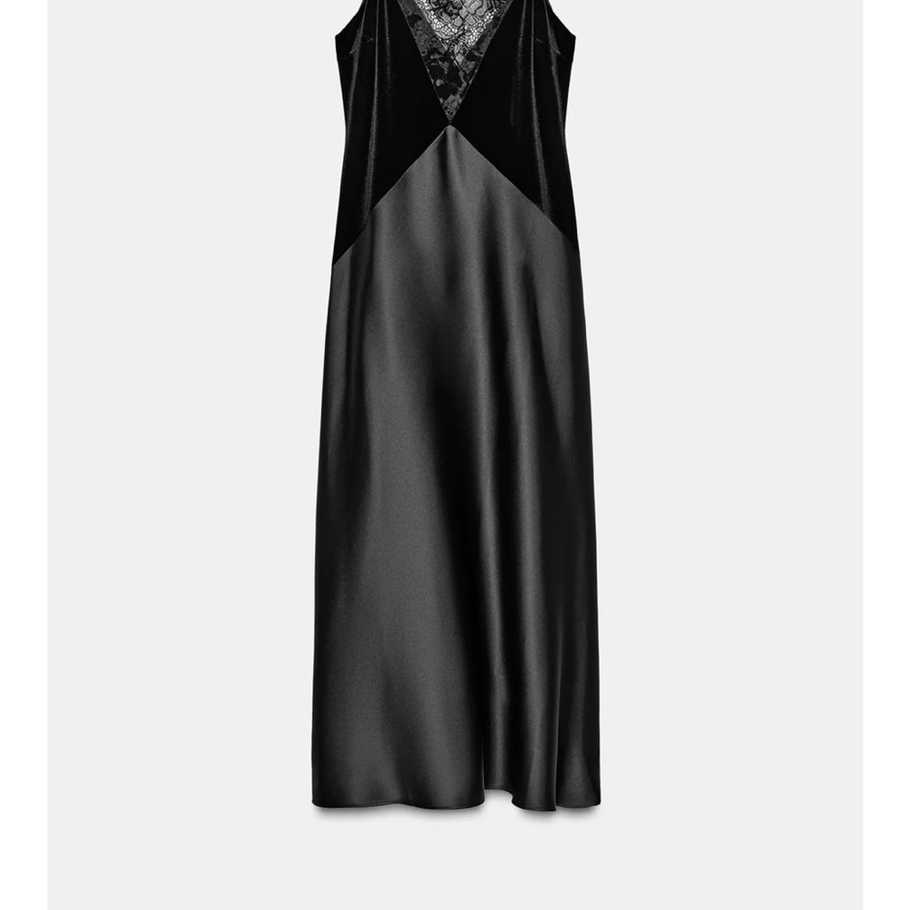 Zara Black Satin & Lace-Trim Midi Slip Dress